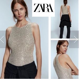 Zara Silver and Gold Sequin Bodysuit shimmer Glamour Festive party chic Small